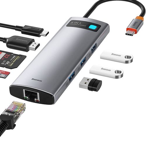 Hub Baseus conector USB Tipo-C con 8 puertos, 3 x USB 3.0/HDMI/Tipo-C/PD/RJ45/microSD/SD