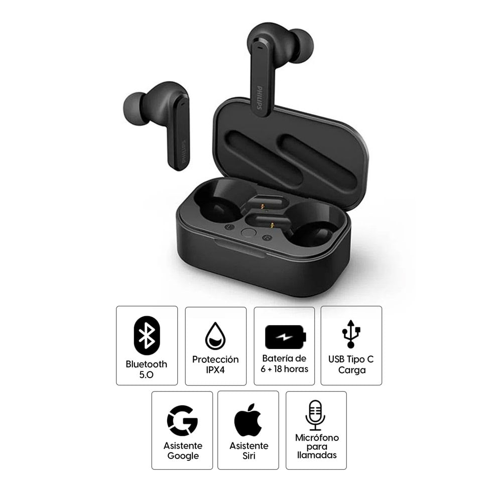 Imagen 2 del producto Audífonos bluetooth True Wireless Philips TAT4506 resistente al agua IPX4, duración máx. 6 horas, cancelación de ruido, negro