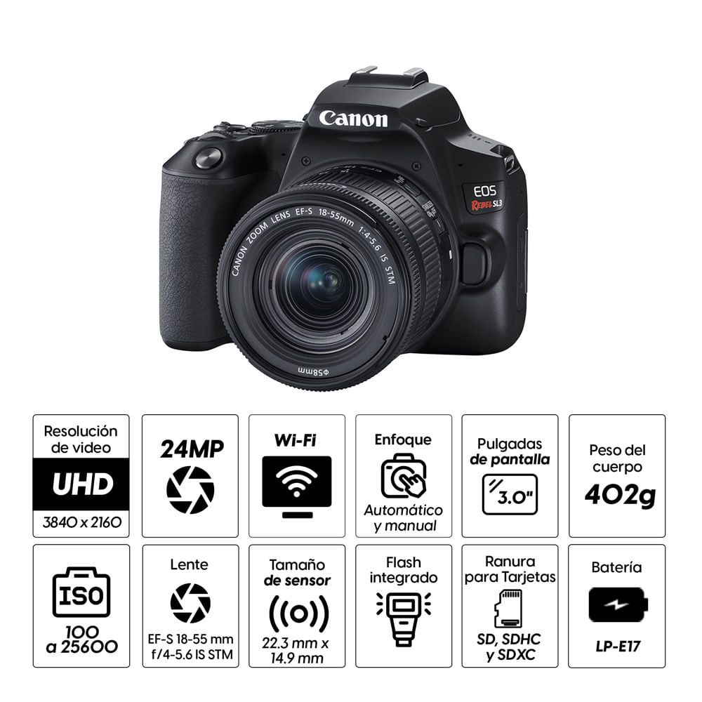 Imagen 2 del producto Cámara Canon EOS Rebel SL3, 24.1MP, 5 FPS, ISO 100-25600 + Lente EF-S 18-55mm f/4-5.6 IS STM