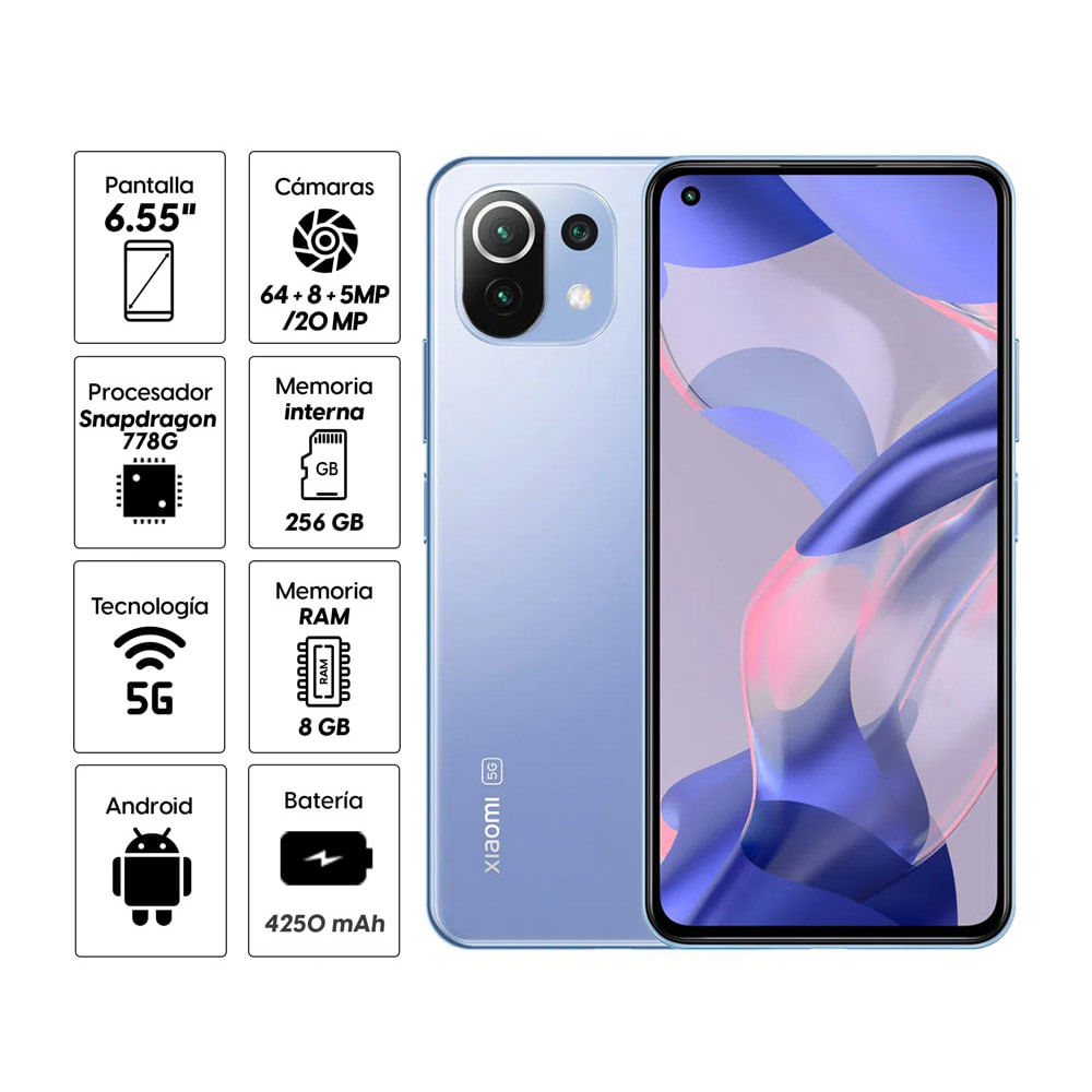 Imagen 2 del producto Celular Xiaomi 11 Lite 5G NE 256GB, 8GB RAM, cámara trasera 64MP y frontal 20MP, 6.55"", azul
