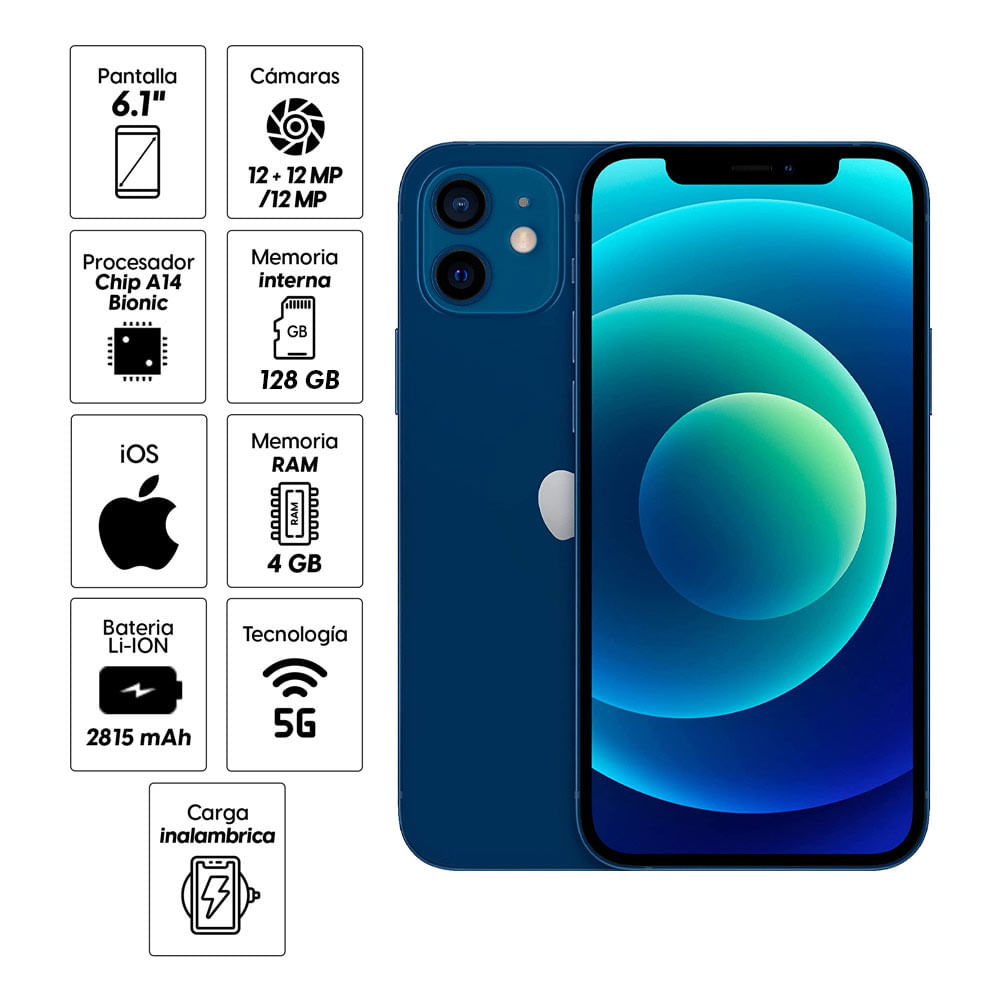 Imagen 2 del producto iPhone 12 128GB, 4GB RAM, cámara trasera 12MP y frontal 12MP, 6.1"", azul