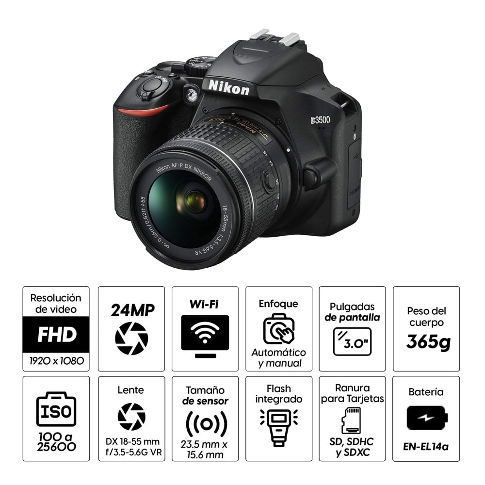 Imagen 2 del producto Cámara Nikon D3500, 24.2 MP, Full HD + Lente 18-55mm f/3.5-5.6 VR + Lente 70-300mm f/4.5-6.3 ED + Mochila + SD 32GB