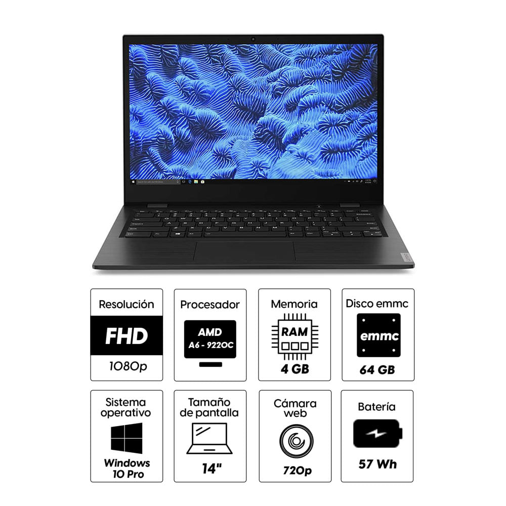 Imagen 2 del producto Laptop Lenovo 81MQ00AKLM 14"" AMD A6-9220C, 64GB eMMC, 4GB RAM, Radeon R5, Win10 Pro, color negro