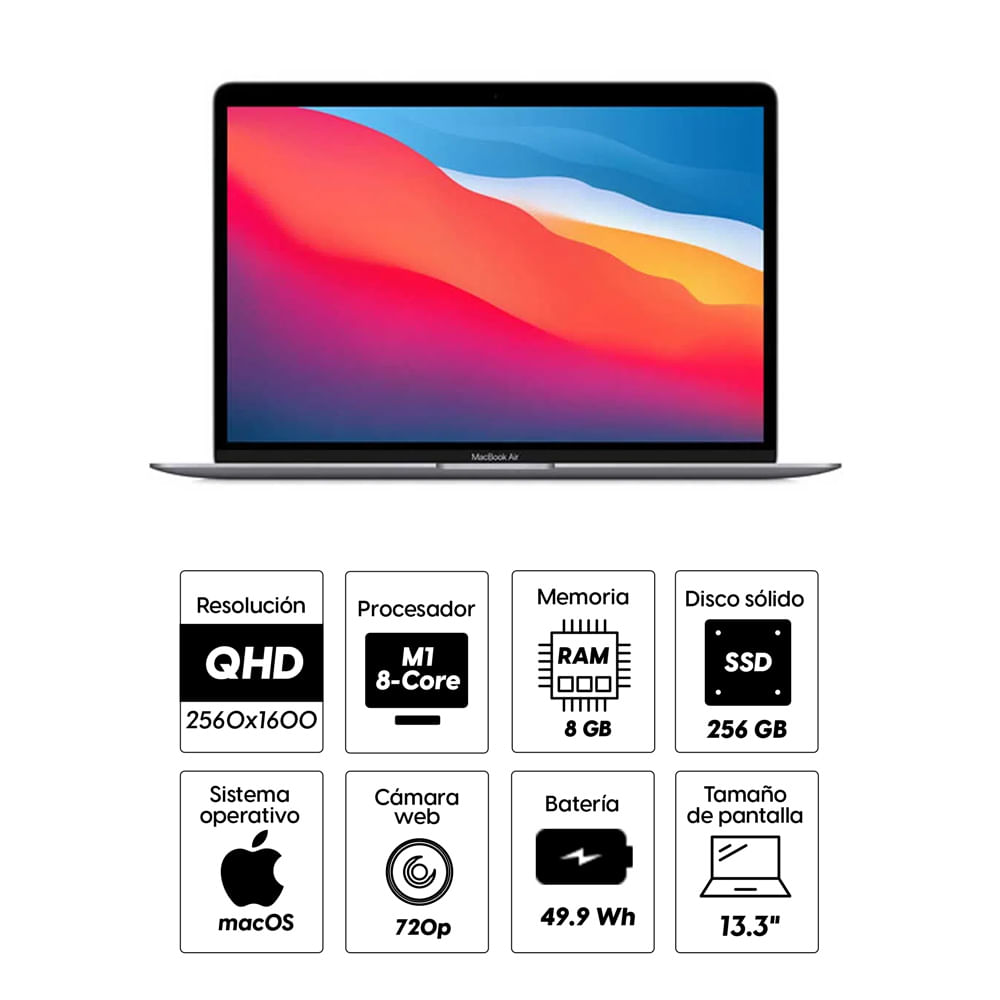 Imagen 2 del producto Laptop Apple MacBook Air 13.3"" Chip M1 8-core, 256GB SSD, 8GB RAM, macOS, gris (reempacado)