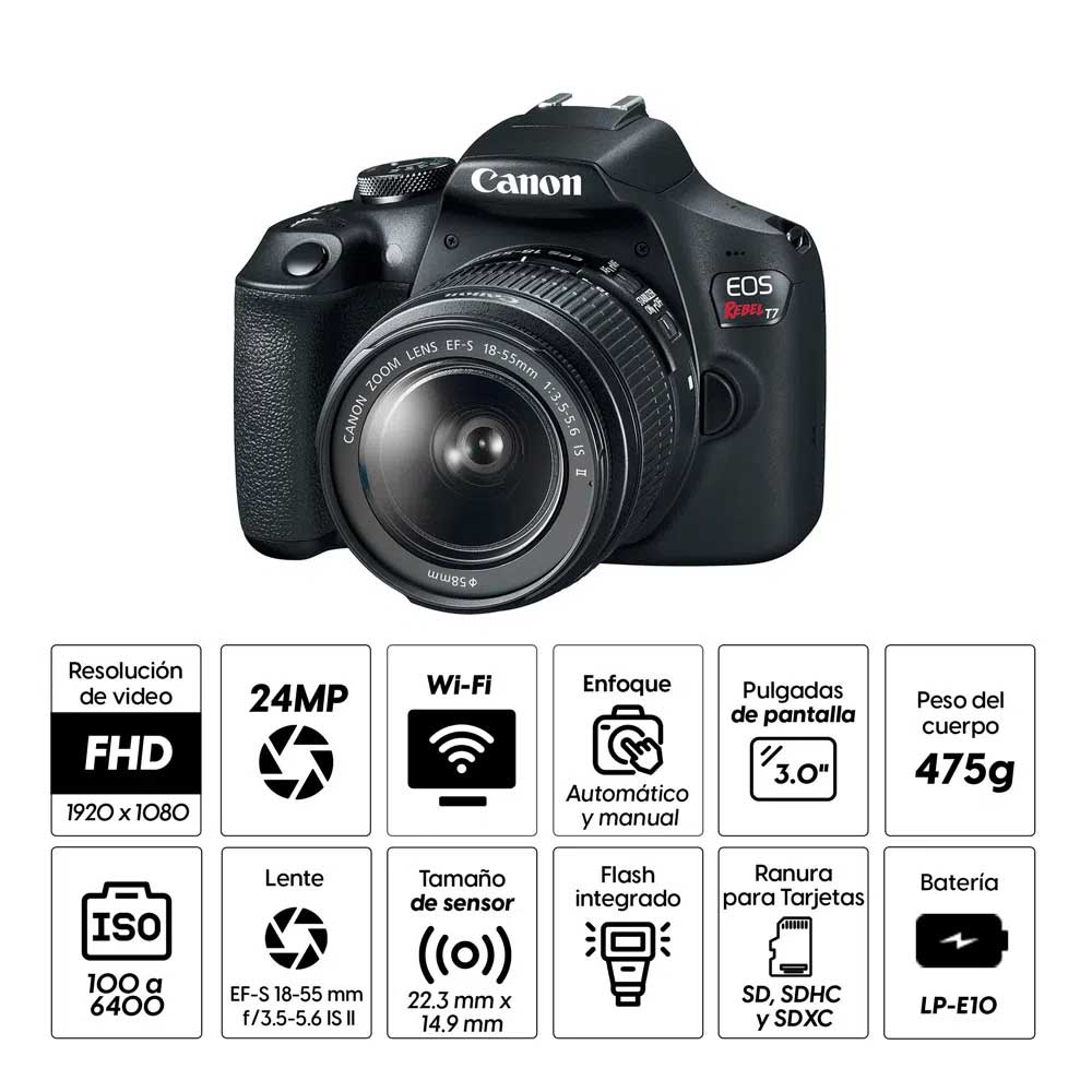 Imagen 2 del producto Cámara Canon EOS Rebel T7, 24.1 MP, Full HD, 9 puntos AF, 3 fps, ISO 100-6400, LCD 3"", Wifi + Lente EF-S 18-55mm f/3.5-5.6