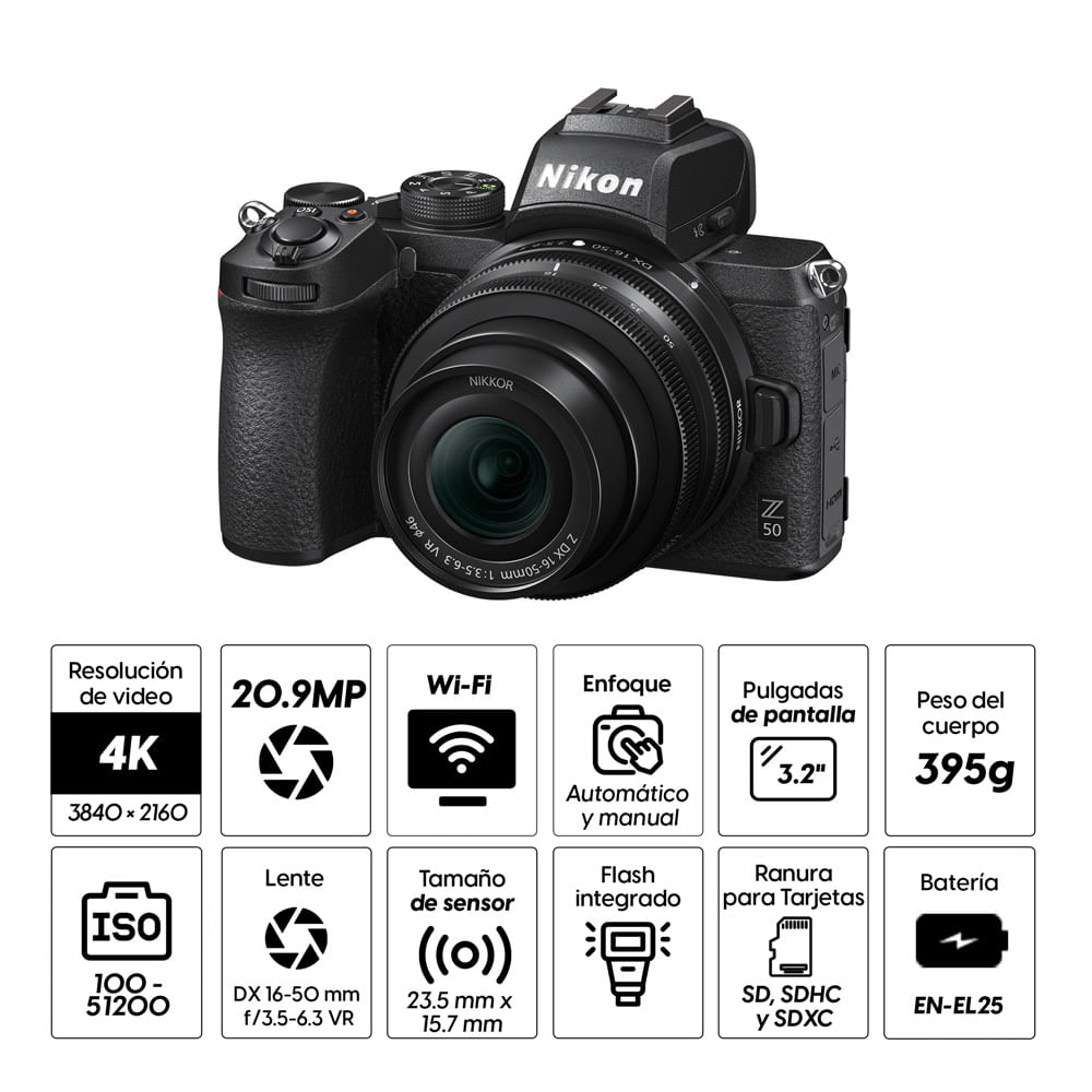 Imagen 2 del producto Cámara Mirrorless Nikon Z50 20.9MP + Lente 16-50mm VR +  Adaptador FTZ + SD 32GB