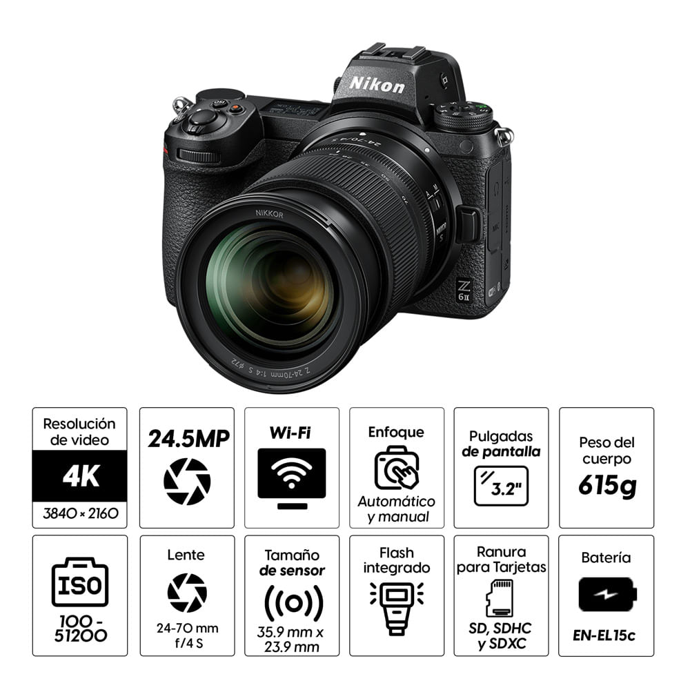 Imagen 2 del producto Cámara Mirrorless Profesional Nikon Z 6II 24.5MP + Lente 24-70mm + Adaptador FTZ + SD 128GB