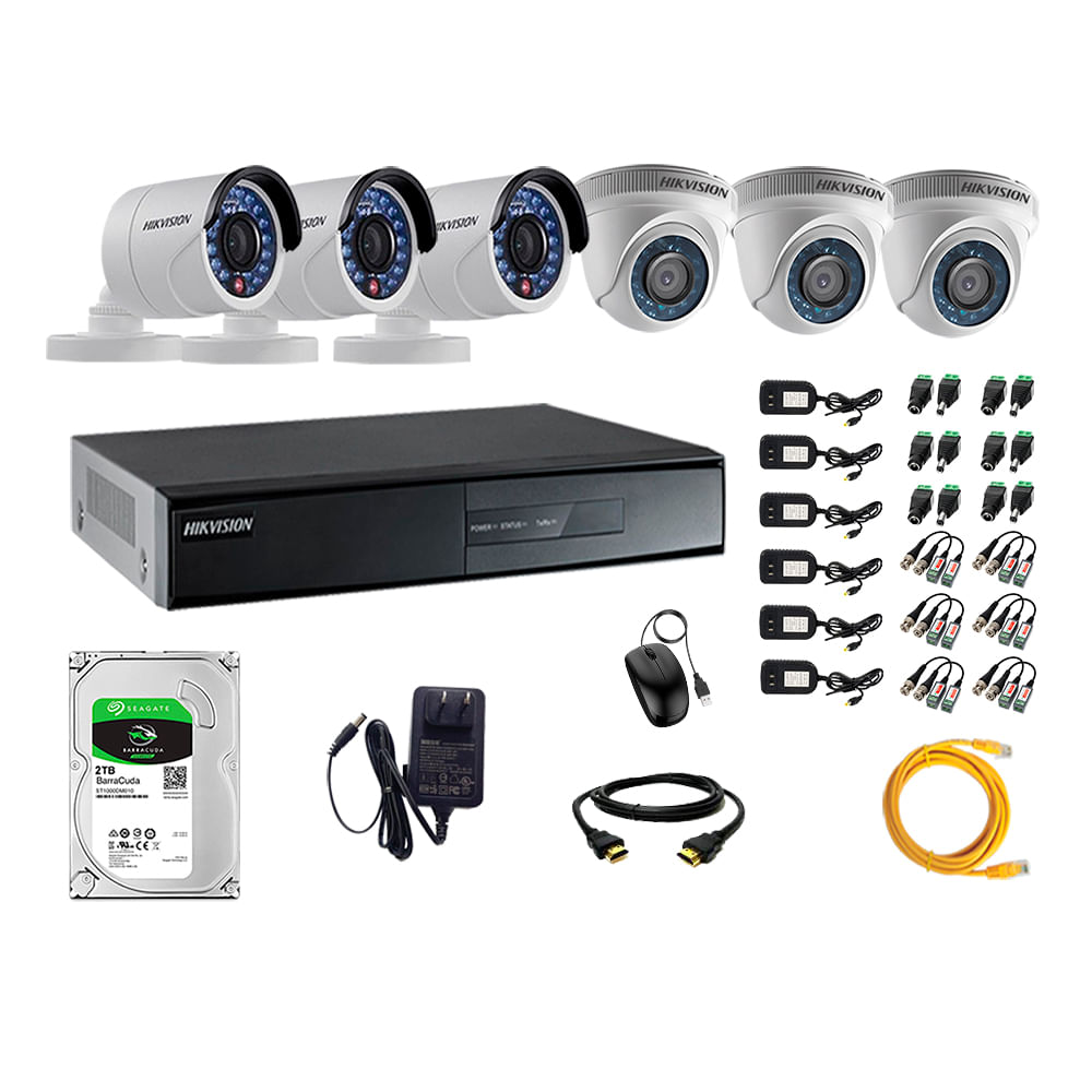 Imagen 1 del producto Kit de cámaras de seguridad Hikvision 6 cámaras (3 Domo Turbo 1080P + 3 Tubo Turbo 1080P) + DVR + disco duro de 2TB