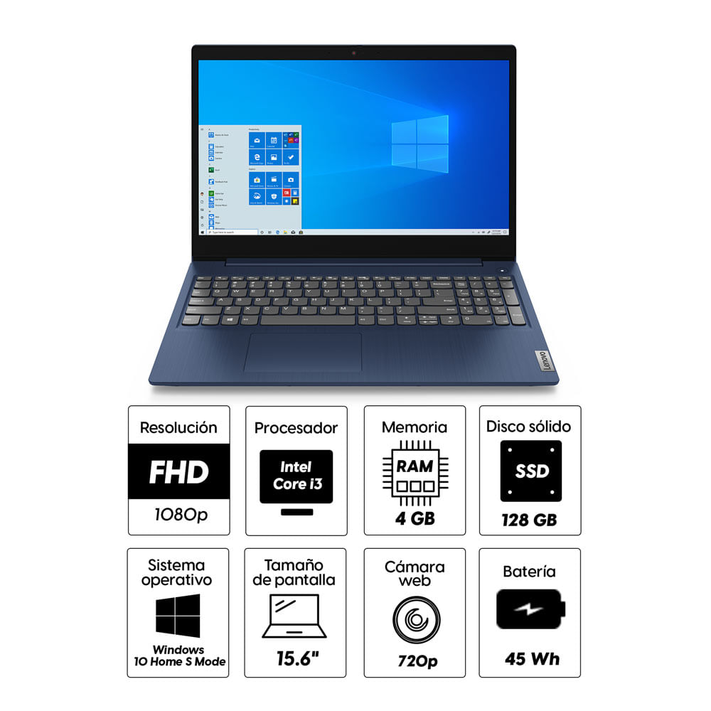 Imagen 2 del producto Laptop Lenovo 81X80055US 15.6"" Intel Core i3 11va Gen-1115G4, 128GB SSD, 4GB RAM, UHD Graphics, Win10 Home, azul (reempacado)