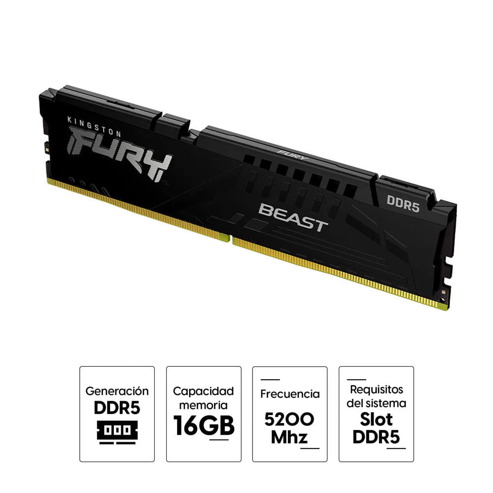 Imagen 2 del producto Memoria ram Kingston Fury Beast 16GB (1x16GB) DDR5, 5200 Mhz, CL40