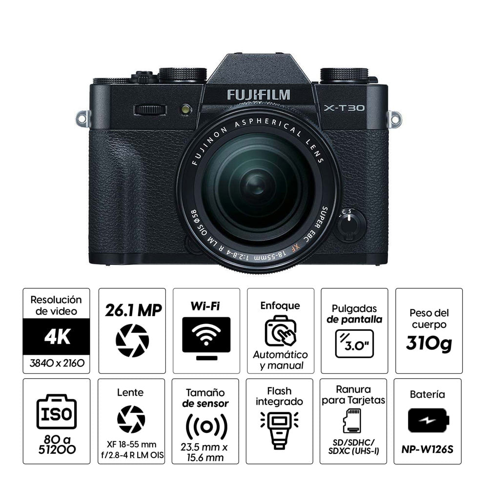 Imagen 2 del producto Cámara mirrorless Fujifilm X-T30, 26.1MP, enfoque automático + lente XF 18 - 55mm, negro