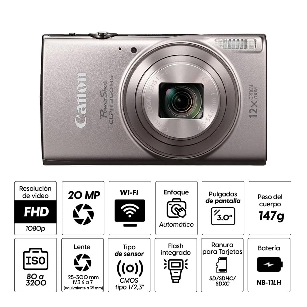 Imagen 2 del producto Cámara Canon Powershot ELPH 360 HS Full HD 20MP plata