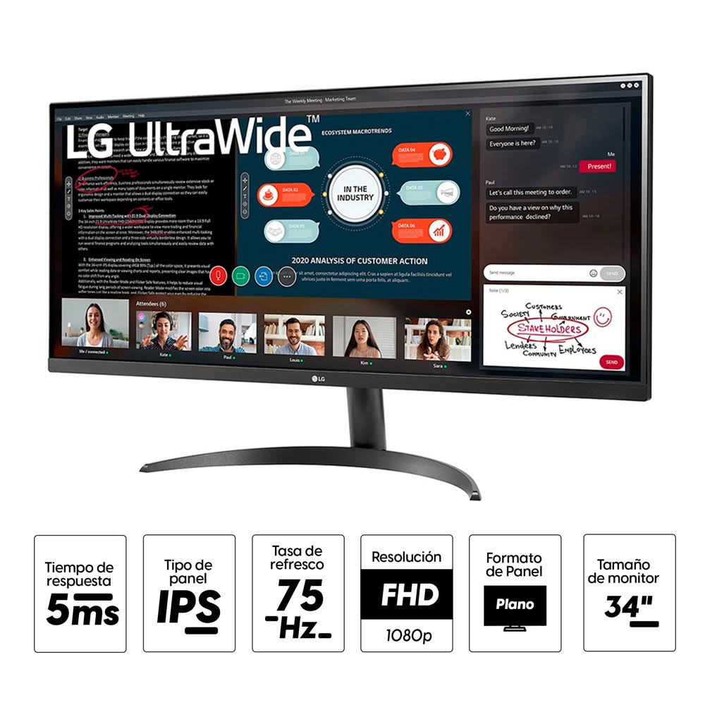 Imagen 2 del producto Monitor plano 34"" LG Ultrawide 34WP500 Panel IPS, FHD, 5ms, 75 Hz, FreeSync