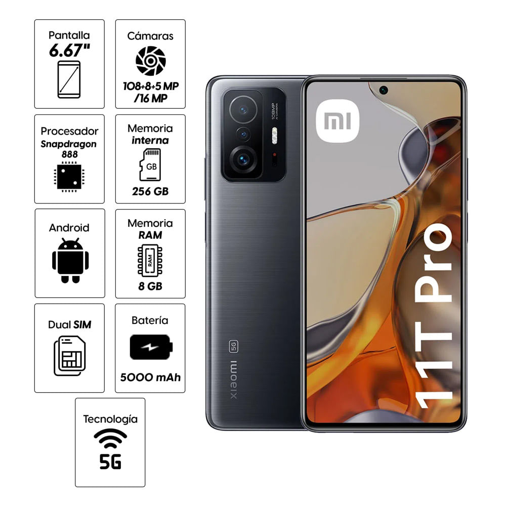 Imagen 2 del producto Celular Xiaomi 11T PRO 5G 256GB, 8GB RAM, cámara trasera 108MP y frontal 16MP, 6.67"", gris