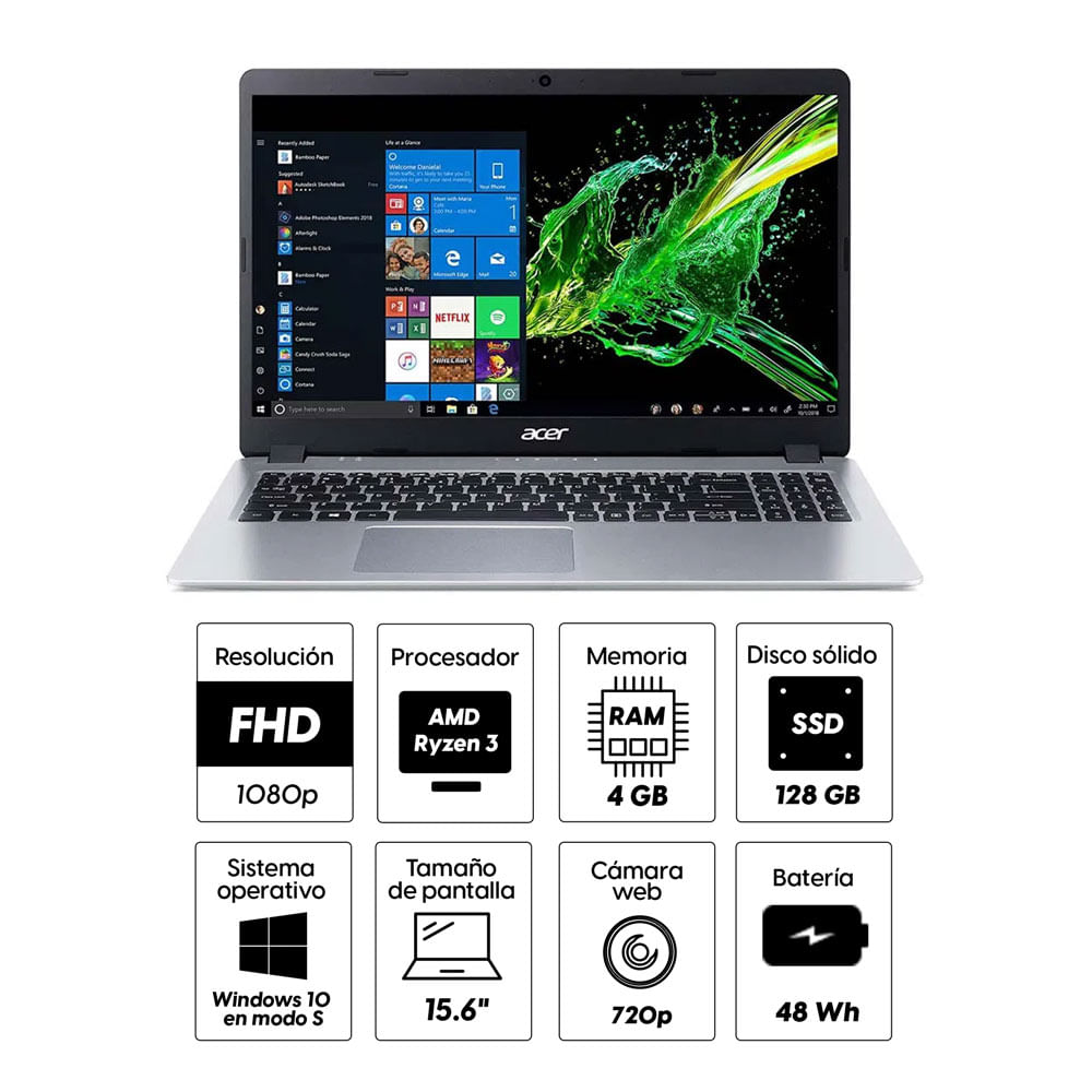 Imagen 2 del producto Laptop Acer Aspire 5 15.6"" AMD Ryzen 3, 128GB SSD, 4GB RAM, Radeon Vega 3, Win10 Home S