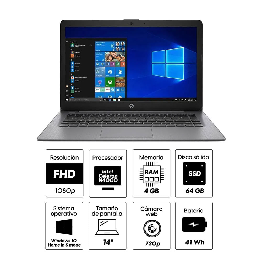 Imagen 2 del producto Laptop HP 14-CB174WM 14"" Intel Celeron N4000, 64GB eMMC, 4GB RAM , UHD Graphics 600, Win 10, negro (reempacado)