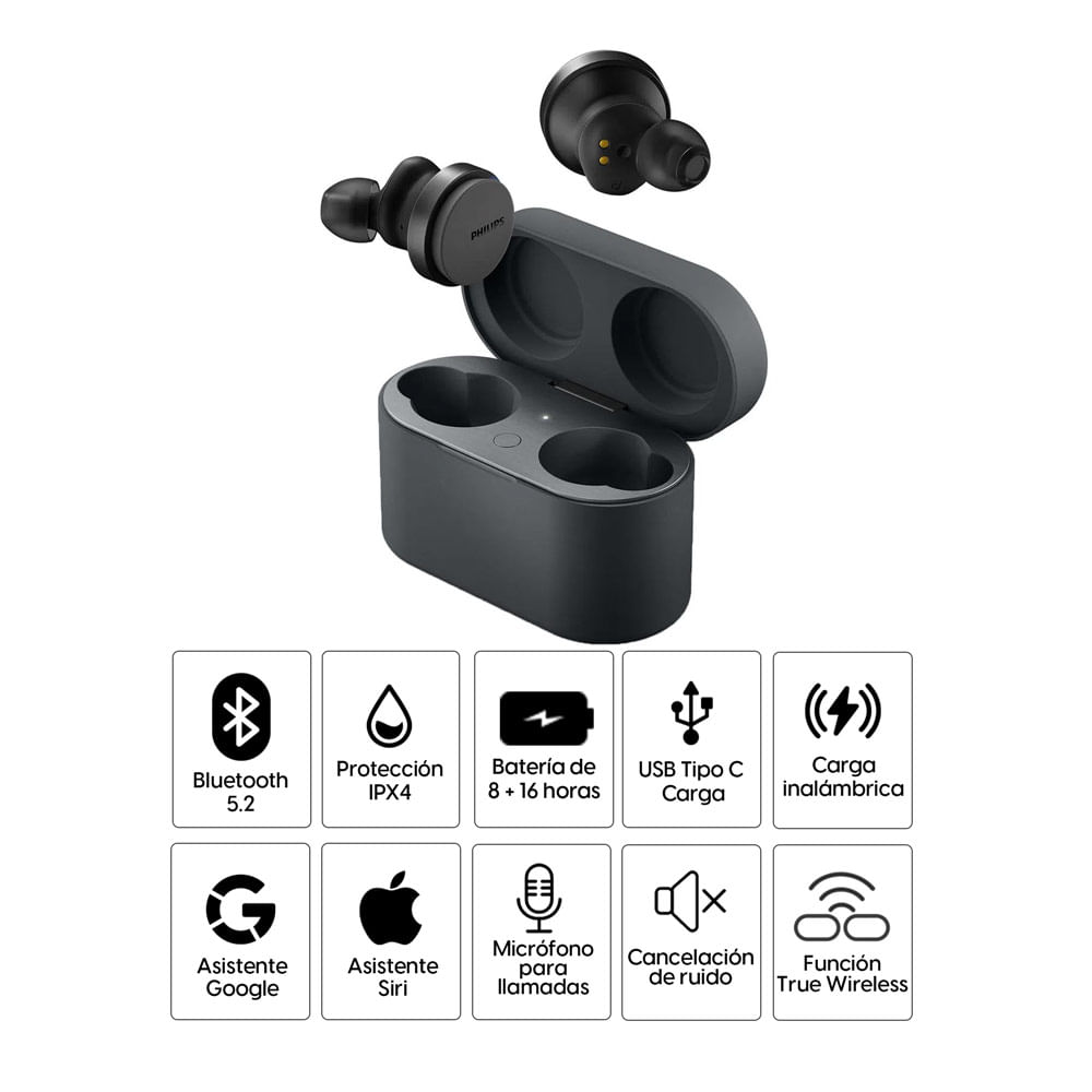 Imagen 2 del producto Audífonos bluetooth True Wireless Philips TAT8506 cancelación de ruido, resistente al agua IPX4, duración máx. 27 horas con estuche de carga, negro