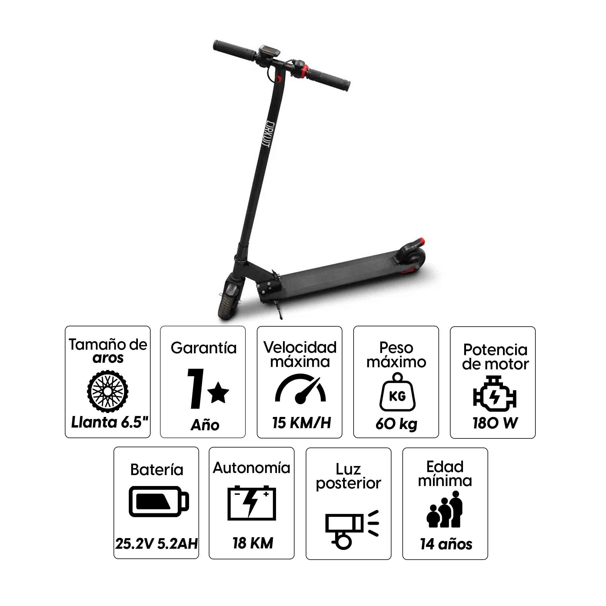 Imagen 2 del producto Scooter eléctrico Cirkuit One 6.5""/5.5"", autonomía hasta 18km, vel 15km/h, 180w, freno eléctrico, peso máx. usuario 60 kg, para uso recreativo