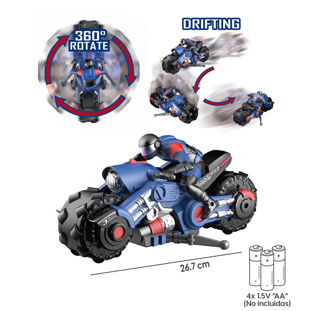 Imagen 2 del producto Motocicleta a control remoto Longwish 1:10, 2.4 GHz, rotación 360°, azul