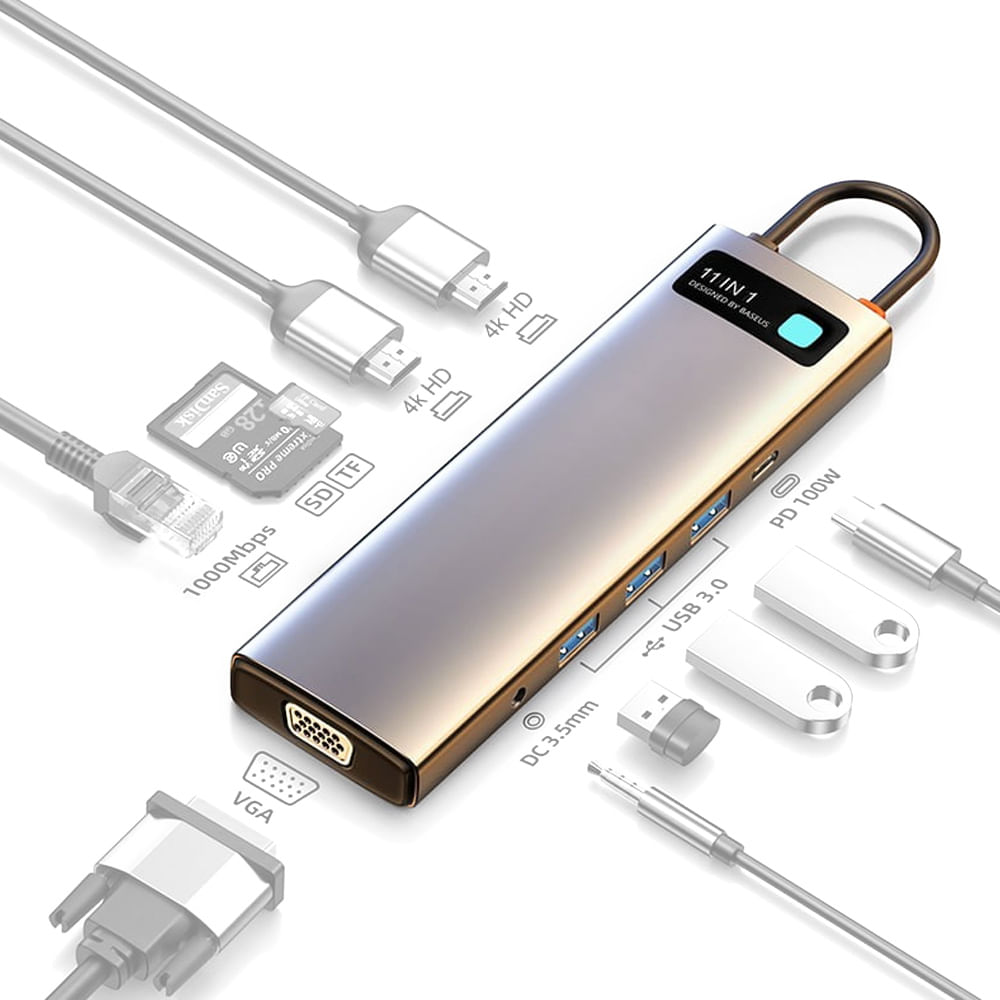 Hub Baseus conector USB Tipo-C con 11 puertos, 3 x USB 3.0/2 x HDMI/Tipo-C PD/SD/TF/RJ45/VGA/3.5 mm