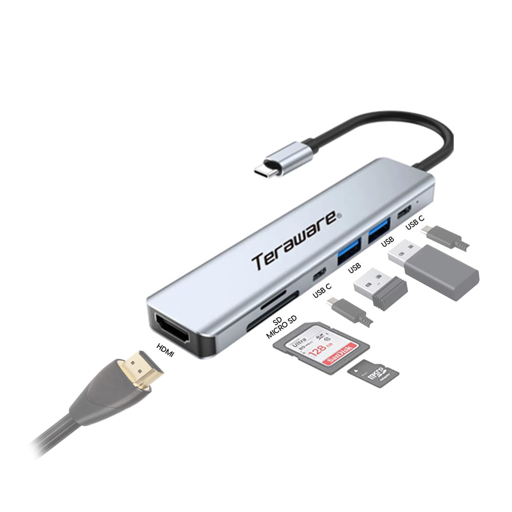 Hub Teraware conector USB con 7 puertos, 1 x USB 3.0/1 x USB 2.0/ 2 x USB Tipo-C/SD/TF/HDMI