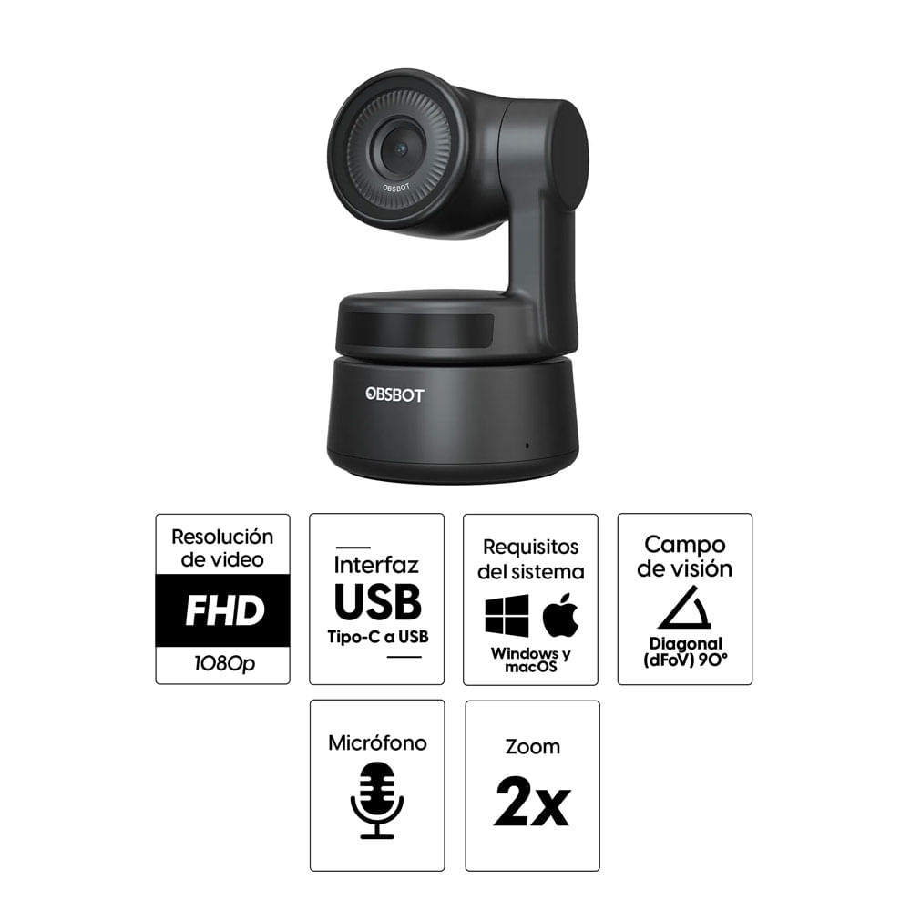 Imagen 2 del producto Cámara web Obsbot Tiny FHD 1080p, conexión USB Tipo-C, micrófono incorporado, negro