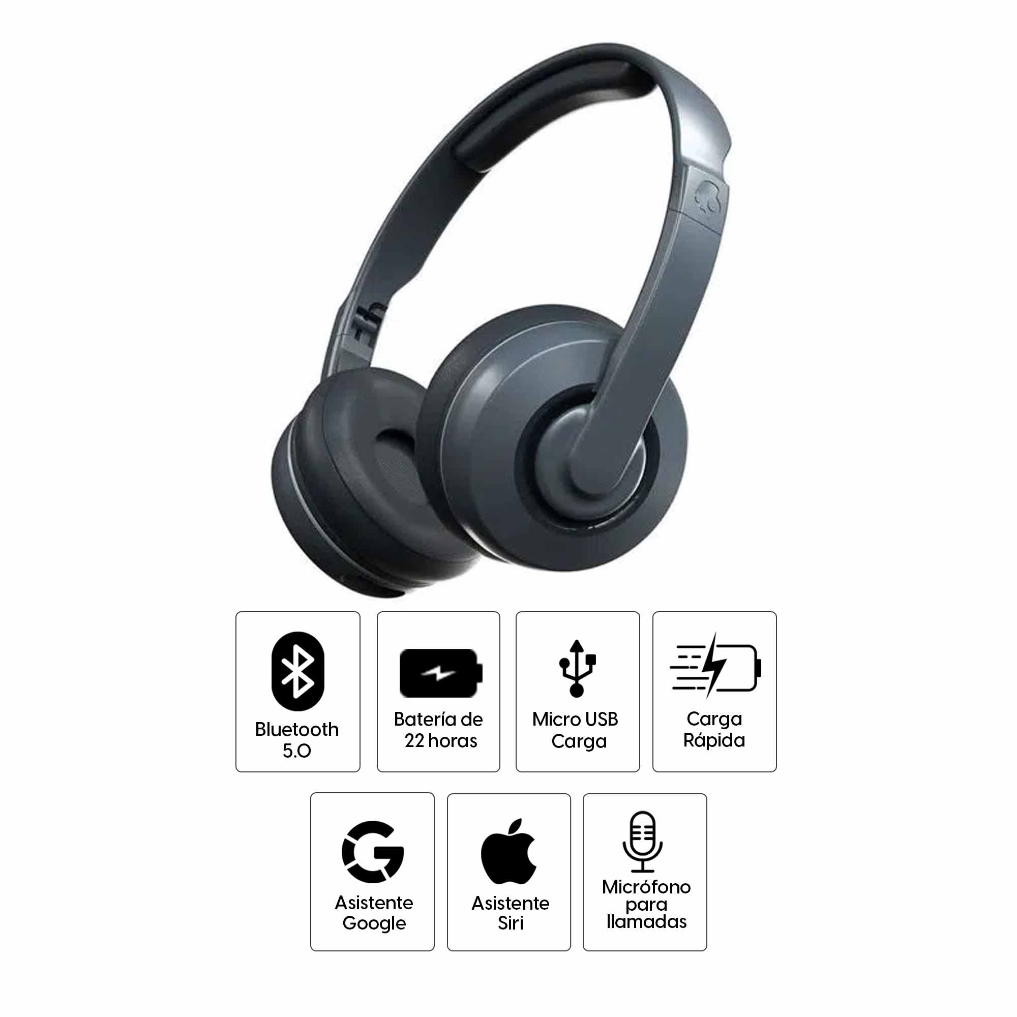 Imagen 2 del producto Audífonos bluetooth on ear Skullcandy Cassette micrófono incorporado, máx. 22 horas, control de música y llamadas, gris