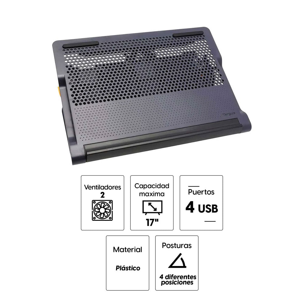 Imagen 2 del producto Cooler para laptop Targus AWE81 máx. 17"", 4 puertos usb, 2 ventiladores, ergonómico, 4 niveles de altura
