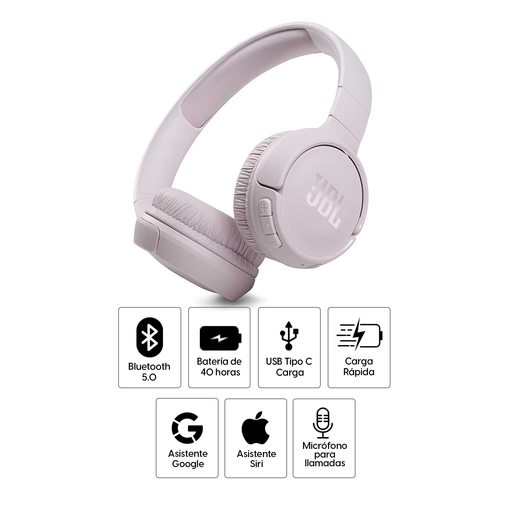 Imagen 2 del producto Audífonos bluetooth on ear JBL T510 Pure Bass máx. 40 horas, control de música y llamadas, rosado