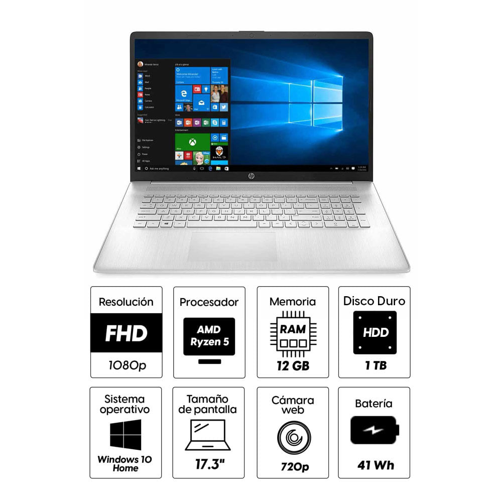 Imagen 2 del producto Laptop HP 17-CP0025CL 17.3"" AMD Ryzen 5, 1TB HDD, 12GB RAM, Radeon, Win10, silver