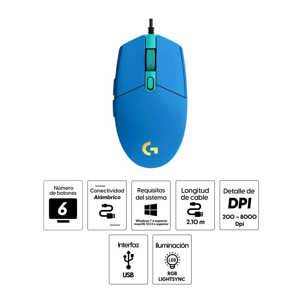 Imagen 2 del producto Mouse gamer alámbrico Logitech G203 Lightsync, conexión usb, 8000 dpi, 6 botones, luces RGB, azul