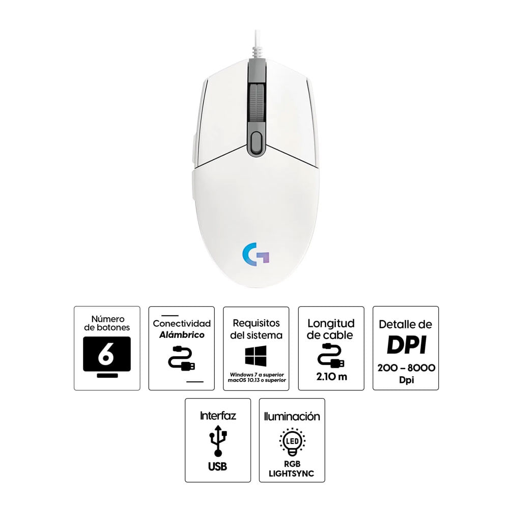 Imagen 2 del producto Mouse gamer alámbrico Logitech G203 Lightsync, conexión usb, 8000 dpi, 6 botones, luces RGB, blanco