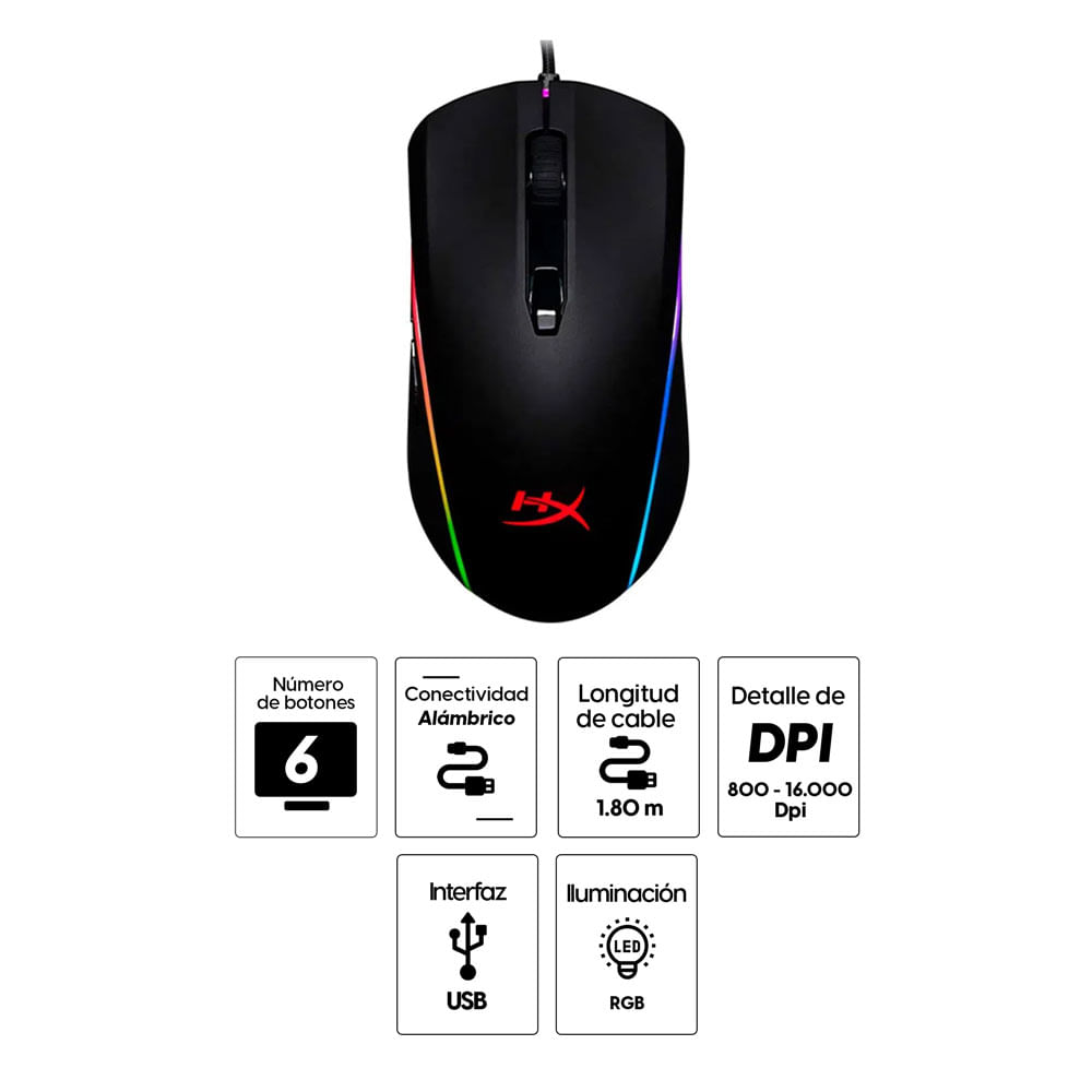 Imagen 2 del producto Mouse gamer alámbrico Hyperx Pulsefire Surge, conexión usb, 16000 dpi, 6 botones, luces RGB