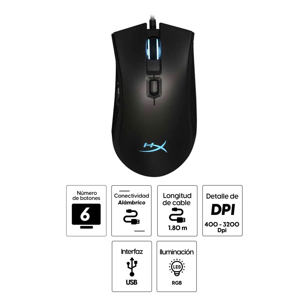 Imagen 2 del producto Mouse gamer alámbrico Hyperx Pulsefire Pro, conexión usb, 400/800/1600/3200 dpi, 6 botones, luces RGB