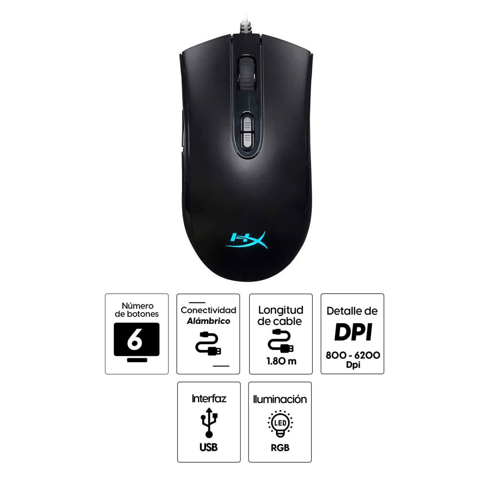 Imagen 2 del producto Mouse gamer alámbrico Hyperx Pulsefire Core, conexión usb, 6200 dpi, 6 botones, luces RGB, negro