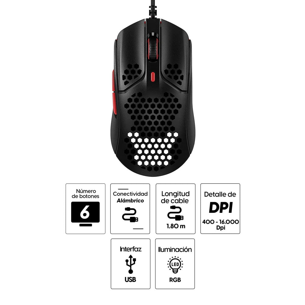 Imagen 2 del producto Mouse gamer alámbrico Hyperx Pulsefire Haste, usb, 16000 dpi, 6 botones, luces RGB, negro con rojo