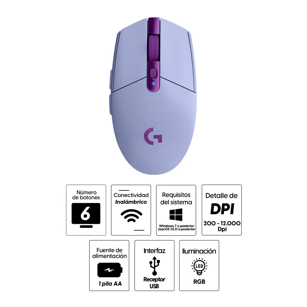 Imagen 2 del producto Mouse gamer Logitech G305 Lightspeed Wireless, receptor usb, 12000 dpi, 6 botones, usa pila, lila