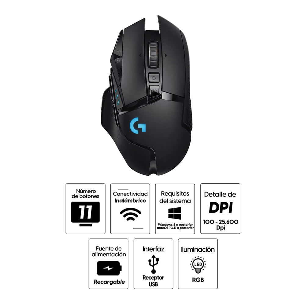 Imagen 2 del producto Mouse gamer inalámbrico Logitech G502 Lightspeed, bluetooth, 16000 dpi, 11 botones, recargable, luces RGB
