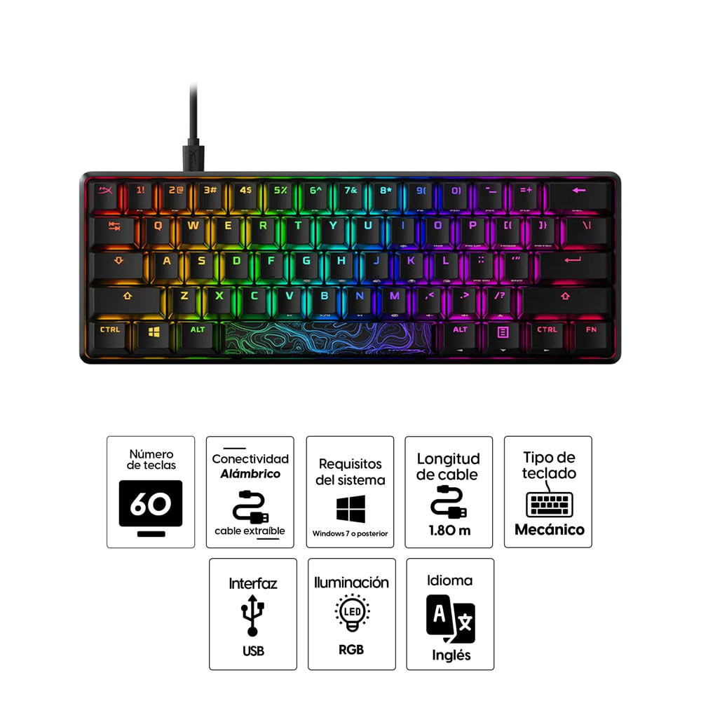 Imagen 2 del producto Teclado gamer alámbrico Hyperx Alloy Origins 60, conexión USB, mecánico, idioma inglés, RGB