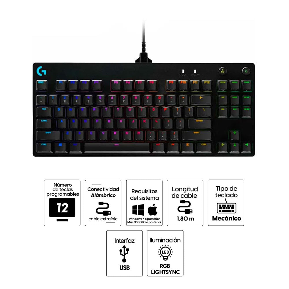 Imagen 2 del producto Teclado gamer alámbrico Logitech G Pro, conexión USB, mecánico, RGB