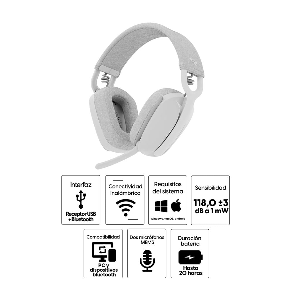 Imagen 2 del producto Audífono inalámbrico Logitech Zone Vibe 100 con micrófono, conexión bluetooth, control de música y llamadas,blanco