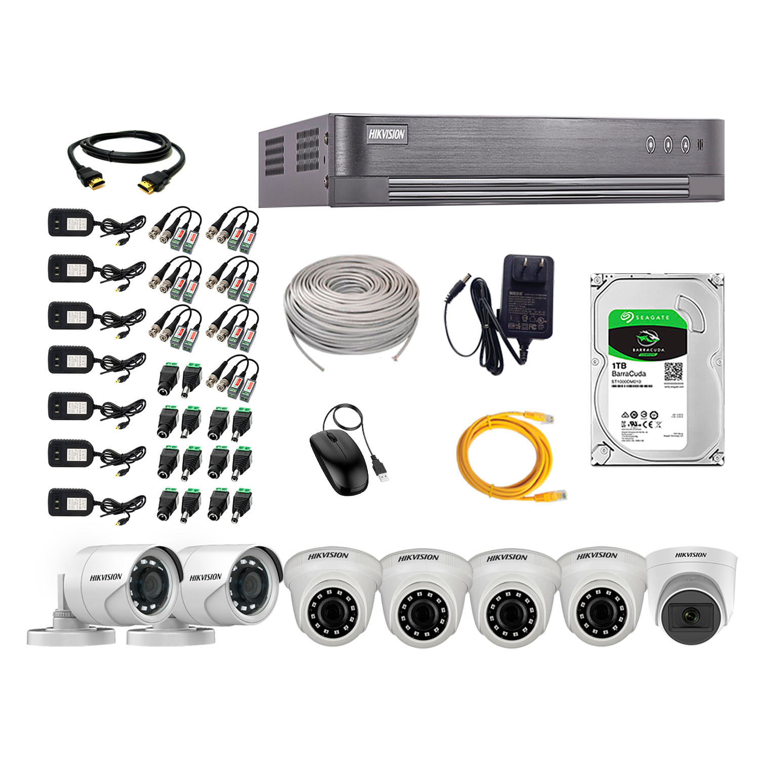 Imagen 1 del producto Kit de cámaras de seguridad Hikvision 7 cámaras (incluye una cámara con micrófono), 1080P Full HD + DVR + disco duro de 1TB