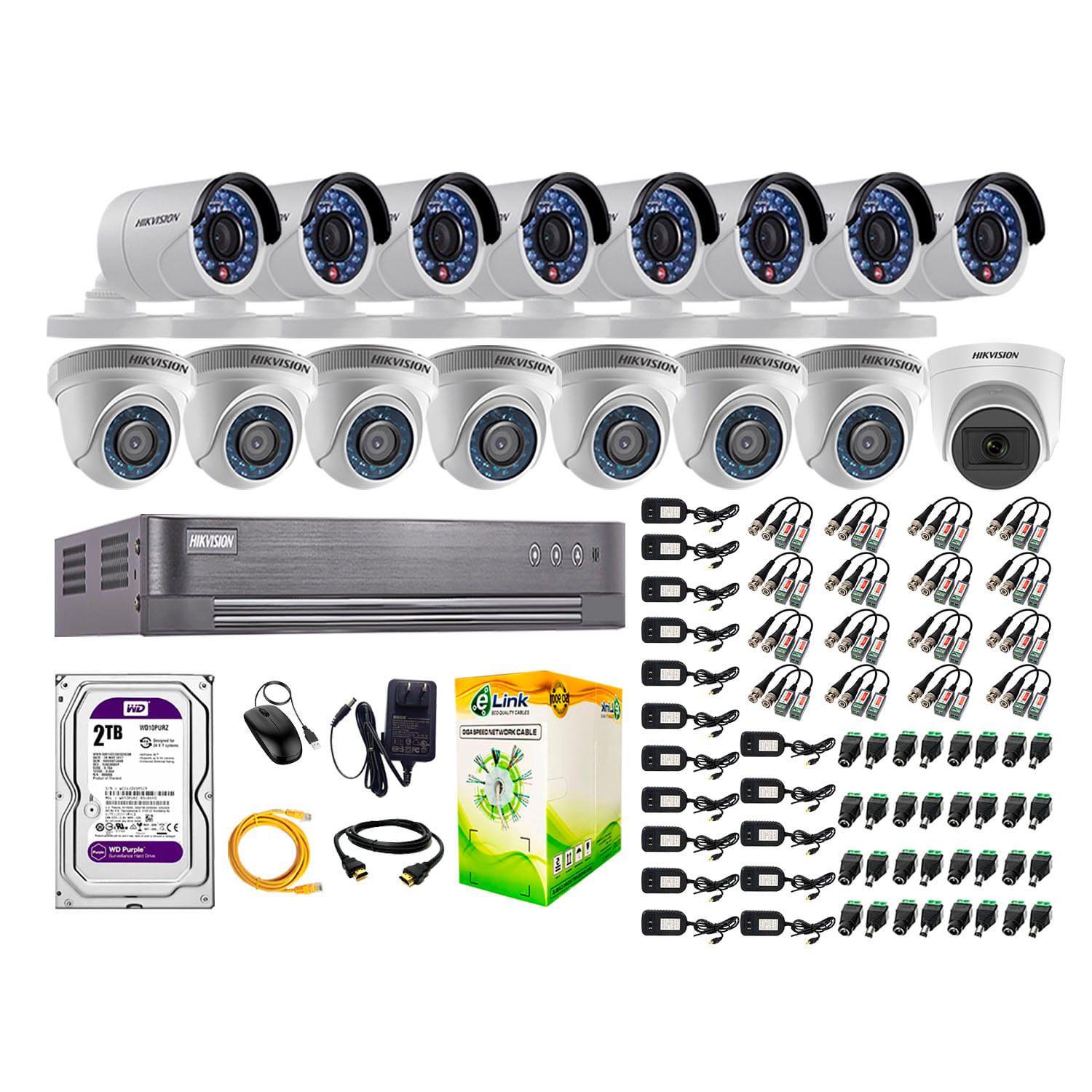 Imagen 1 del producto Kit de cámaras de seguridad Hikvision 16 cámaras (incluye una cámara con micrófono), 720P HD + DVR + disco duro de 2TB