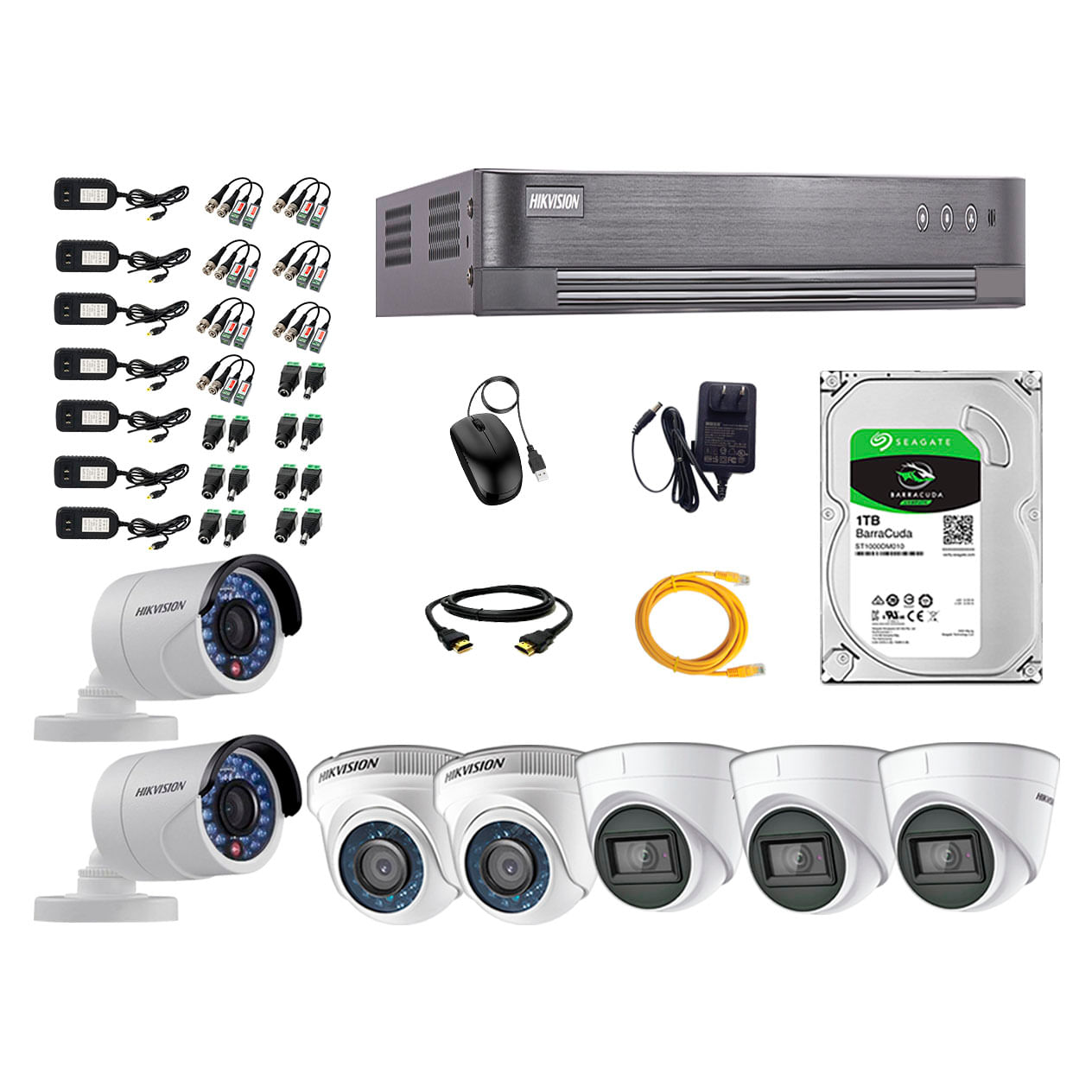 Imagen 1 del producto Kit de cámaras de seguridad Hikvision 7 cámaras (incluye 3 cámaras con audio incorporado), 1080P Full HD + DVR + disco duro de 1TB