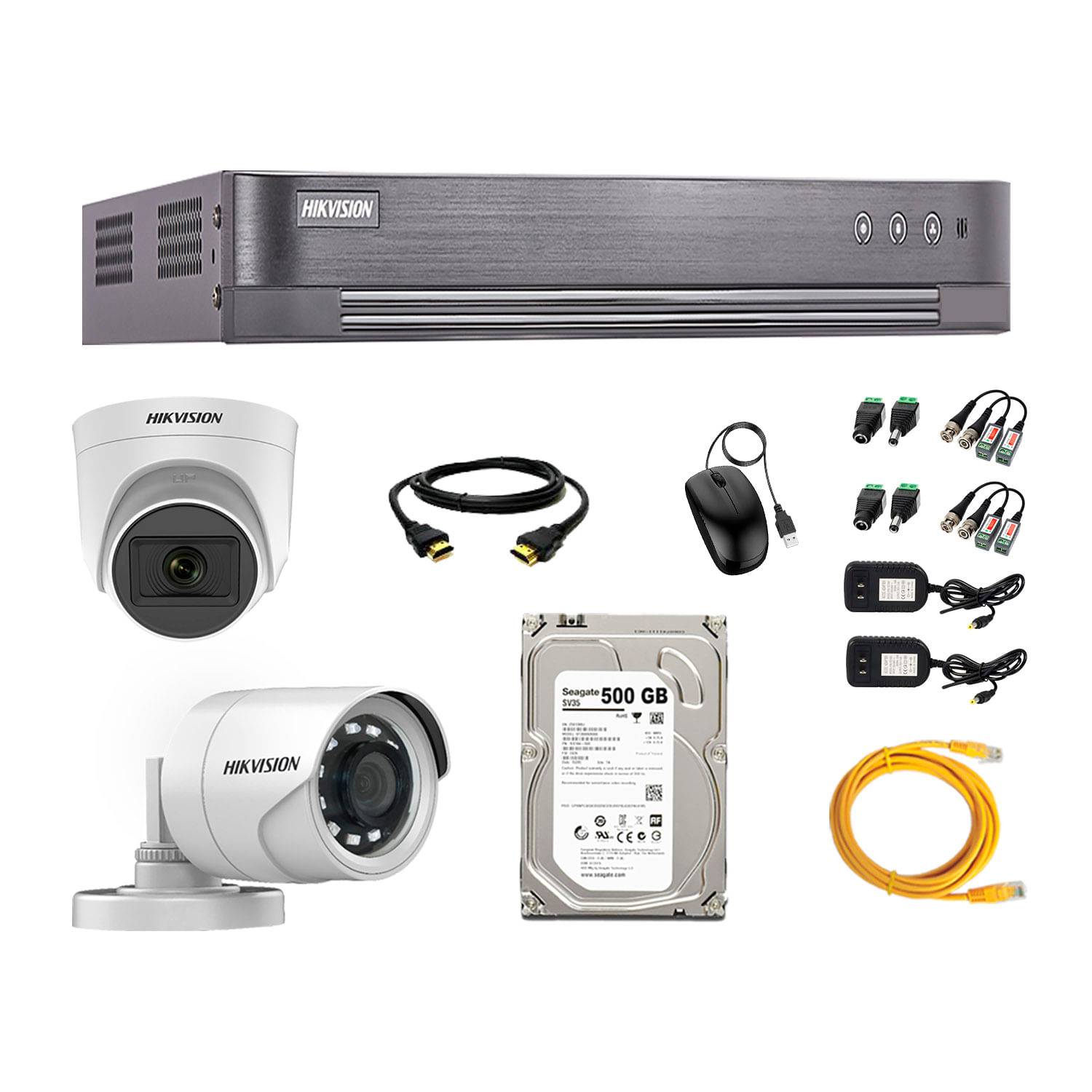 Kit de cámaras de seguridad Hikvision 2 cámaras (incluye una cámara con micrófono), 1080P Full HD + DVR + disco duro de 500GB