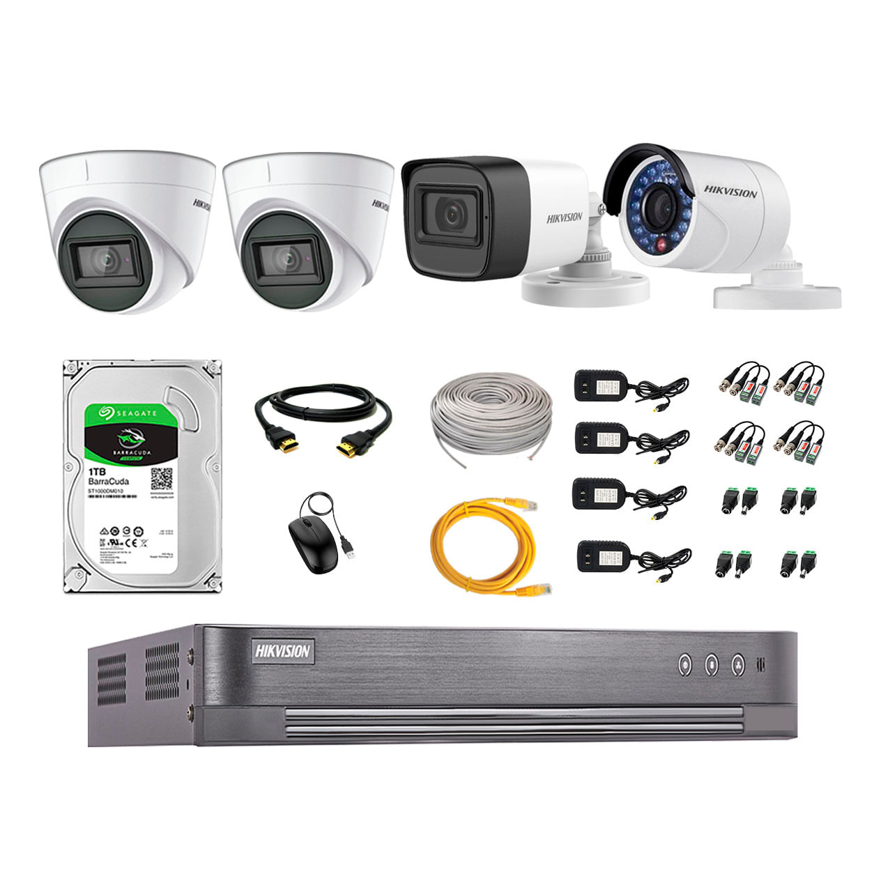 Imagen 1 del producto Kit de cámaras de seguridad Hikvision 4 cámaras (incluye 3 cámaras con audio incorporado), 1080P + DVR + disco duro de 1TB