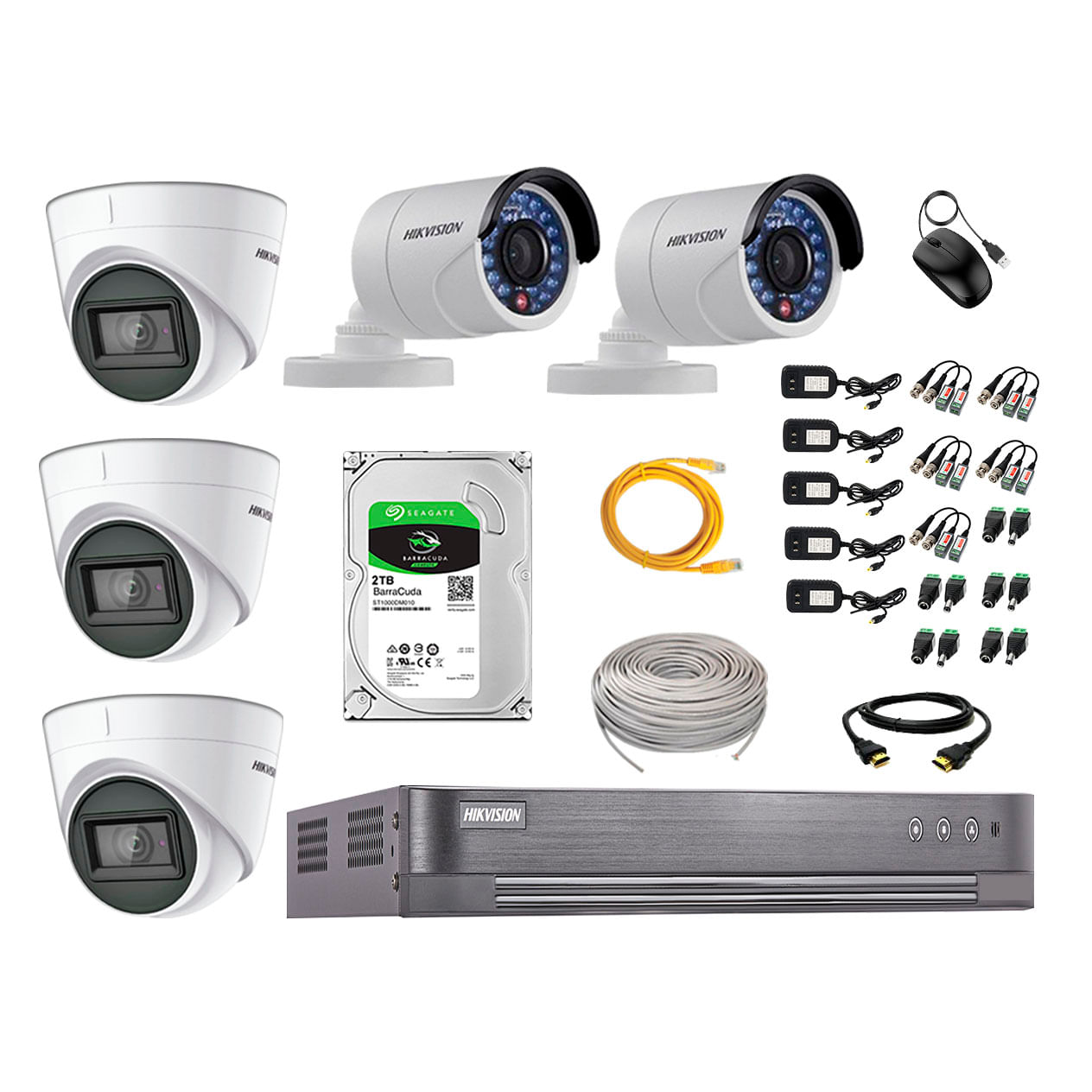 Kit de cámaras de seguridad Hikvision 5 cámaras (3 Domo con audio incorporado 1080P + 2 Tubo 1080P) + DVR + disco duro de 2TB