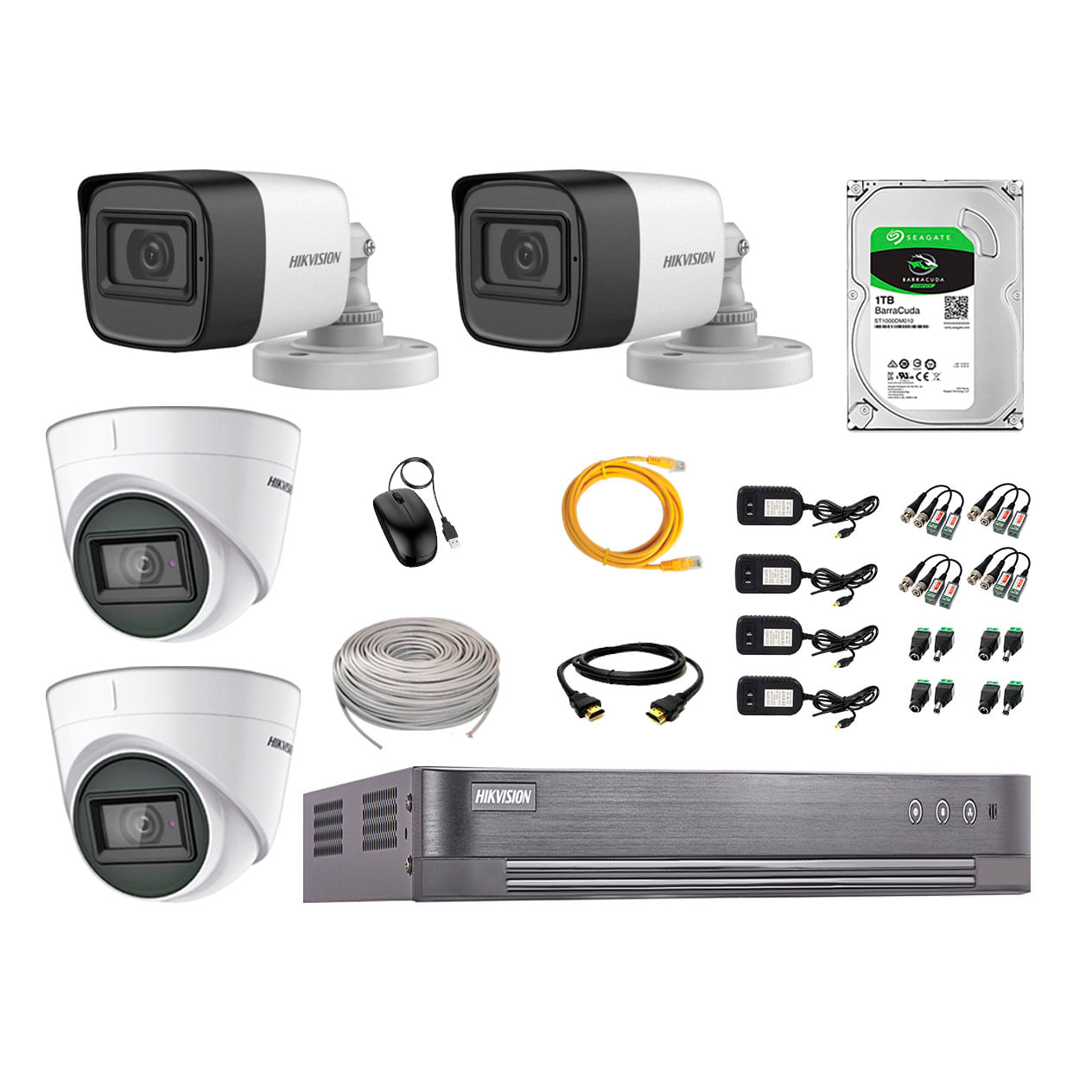 Kit de cámaras de seguridad Hikvision 4 cámaras (2 Domo con audio incorporado 1080P + 2 Tubo con audio incorporado 1080P) + DVR + disco duro de 1TB