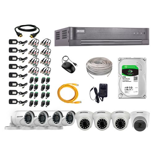 Kit de seguridad Hikvision 1 cámara Domo (micrófono incorporado) 1080P + 3 cámaras Domo Turbo 1080P + 4 cámaras Tubo Turbo 1080P + dvr + disco 2TB