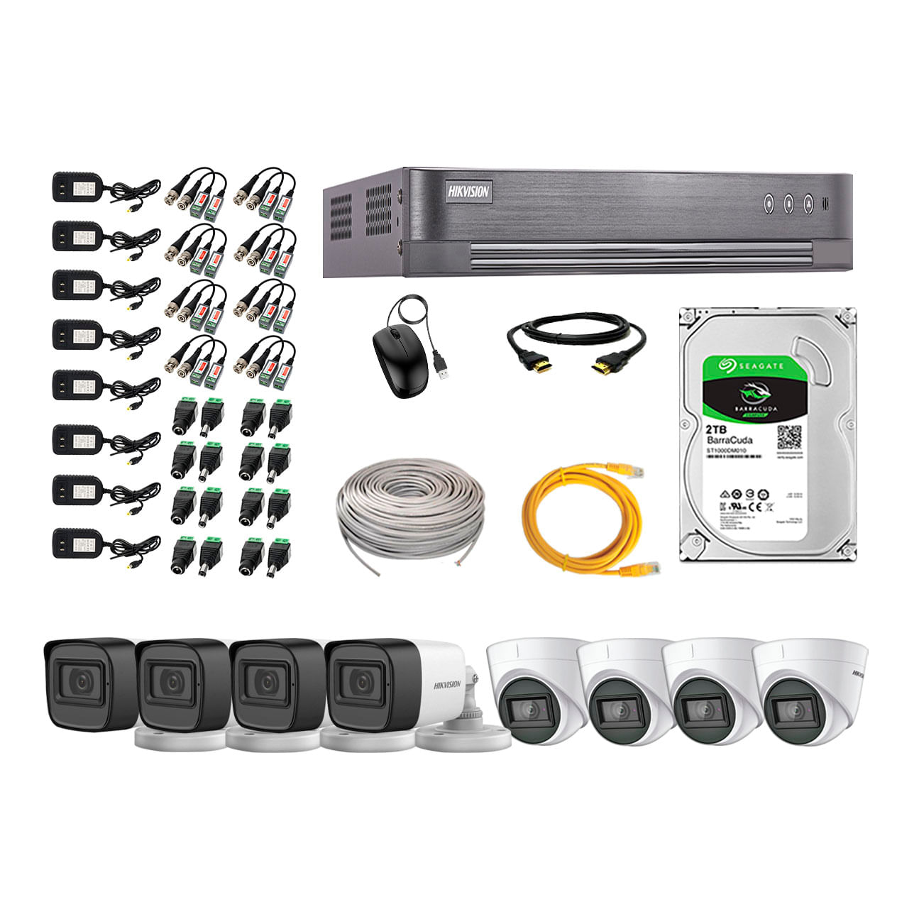 Imagen 1 del producto Kit de seguridad Hikvision 4 cámaras Domo (audio incorporado) 1080P + 4 cámaras Tubo (audio incorporado) 1080P + dvr + disco 2TB